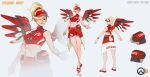  1girl a-pose absurdres artist_name bare_legs blonde_hair character_name closed_mouth concept_art english_commentary english_text hair_over_one_eye high_ponytail highres lifeguard logo mercy_(overwatch) midriff navel official_art open_hands overwatch overwatch_2 ponytail red_footwear sandals smbbkai solo whistle whistle_around_neck wings 