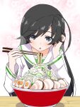  1girl ahoge black_eyes black_hair black_neckerchief blouse bowl chopsticks commentary eating food girls_und_panzer hachiko_(kota091986) hand_in_own_hair highres holding holding_chopsticks isuzu_hana long_hair long_sleeves looking_at_viewer neckerchief noodles ooarai_school_uniform open_mouth ramen sailor_collar school_uniform serafuku shirt solo white_sailor_collar white_shirt 