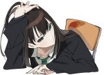  1girl arm_up black_cardigan black_hair blush brown_hair cardigan chair close-up closed_mouth collarbone green_eyes green_necktie hand_on_own_head idolmaster idolmaster_cinderella_girls idolmaster_cinderella_girls_starlight_stage invisible_table leaning_forward long_hair long_sleeves looking_at_viewer necktie school_chair school_uniform shibuya_rin shirt simple_background sitting solo striped_necktie white_background white_shirt wwwrkgk 