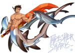  5_fingers abs absurd_res ambiguous_gender biceps countershade_torso countershading dorsal_fin ear_fins english_text eyebrows feral fin fingers fish gills group hair hi_res holding_object holding_weapon lamniform legless male marine merfolk mondoart muscular muscular_male open_mouth open_smile pecs scar shark shark_merfolk simple_background smile split_form tail tail_fin text thresher_shark trio weapon white_background x_scar 