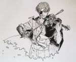  1boy absurdres amane_shinji artist_name black_cape bow_(music) cape cytus cytus_ii facial_hair greyscale highres instrument monochrome music playing_instrument prosthesis prosthetic_arm rayark short_hair solo stubble suspenders traditional_media violin 