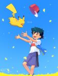  1boy :d ash_ketchum black_hair blue_jacket brown_eyes commentary_request dated day falling_petals happy hat hat_removed headwear_removed highres jacket male_focus ok_(asuta00912) open_mouth outdoors petals pikachu pokemon pokemon_(anime) pokemon_(creature) pokemon_journeys red_headwear shirt short_hair short_sleeves shorts sky sleeveless sleeveless_jacket smile standing t-shirt teeth tongue upper_teeth_only watermark white_shirt 