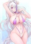  1girl arm_over_head arm_up armpits azur_lane bikini blush breasts choker closed_mouth collarbone cowboy_shot eyes_visible_through_hair groin hair_over_one_eye high_ponytail highres large_breasts lifted_by_self long_hair multicolored_hair navel official_alternate_costume purple_bikini purple_choker purple_eyes purple_hair sai-go smile solo stomach strap_lift streaked_hair swimsuit unzen_(azur_lane) unzen_(sojourn_through_clear_seas)_(azur_lane) very_long_hair white_hair wide_hips 