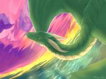  absurd_res ambiguous_gender dragon feral fiery-vulpes flying green_body green_scales hi_res membrane_(anatomy) membranous_wings scales solo sunset varrenlad water wings 
