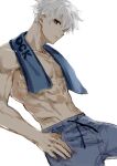  1boy abs blue_lock bright_pupils closed_mouth commentary_request drawstring hair_between_eyes looking_at_viewer male_focus nagi_seishirou nori20170709 short_hair simple_background solo thumb_in_pocket topless_male towel towel_around_neck twitter_username white_background white_hair white_pupils 