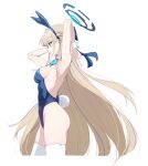  1girl :o absurdres animal_ears armpits arms_up blue_archive blue_hairband blue_leotard bow bowtie breasts cropped_legs detached_collar facing_to_the_side fake_animal_ears fake_tail floating_hair from_side hairband halo highleg highleg_leotard highres leotard long_hair looking_ahead medium_breasts parted_lips playboy_bunny profile rabbit_ears rabbit_tail sideboob simple_background solo tail thighhighs thighs toki_(blue_archive) toki_(bunny)_(blue_archive) tomu_(tom_309k) very_long_hair white_background white_thighhighs wrist_cuffs 