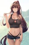  1girl black_panties black_tank_top blush breasts brown_eyes brown_hair collarbone cowboy_shot crop_top denim denim_shorts hair_between_eyes highres kantai_collection kasumi_(skchkko) large_breasts long_hair navel open_fly open_mouth panties ponytail short_shorts shorts solo stomach tank_top thigh_gap underwear very_long_hair yamato_(kancolle) 