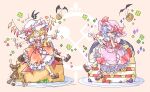  &gt;_&lt; 2girls bat_wings blonde_hair blue_hair blueberry bow cake chocolate_cake closed_mouth cup dress eating flandre_scarlet food fork frilled_dress frills fruit hand_on_own_cheek hand_on_own_face highres holding holding_cup holding_fork holding_spoon mini_person multiple_girls orange_background patch pink_dress pink_headwear plate primsla red_bow remilia_scarlet sitting spoon strawberry strawberry_shortcake stuffed_animal stuffed_toy teacup teddy_bear touhou white_headwear wings 