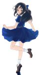  1girl black_hair blue_bow blue_dress blush bow brown_eyes brown_footwear commentary_request dress full_body hair_bow highres idolmaster idolmaster_cinderella_girls idolmaster_cinderella_girls_u149 loafers long_hair looking_at_viewer looking_back pranmt shoes short_sleeves simple_background sketch skirt_hold smile socks solo standing standing_on_one_leg tachibana_arisu tiptoes white_background white_socks 