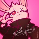  &lt;3 1:1 2020 ambiguous_gender anthro artist_name black_clothing black_jacket black_topwear clothed clothing english_text eyebrows eyelashes female_(lore) fur gesture head_tuft hi_res jacket lagomorph leporid long_ears mammal mere_notilde mere_notilde_(character) morlo one_eye_closed pink_background pink_body pink_fur rabbit red_eyes simple_background solo text topwear tuft v_sign wings 