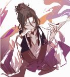  1boy anno_meiji black_hair black_vest closed_mouth hair_bun holding holding_smoking_pipe long_hair long_sleeves mahoutsukai_no_yakusoku male_focus one_eye_closed red_eyes shirt shylock_bennett sketch smile smoking_pipe solo star_(symbol) vest white_shirt 