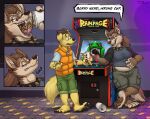  2021 anthro arcade arcade_machine back_to_the_future belly beverage bird_dog blue_clothing blue_shirt blue_t-shirt blue_topwear bottomwear breasts brown_body brown_eyes brown_fur brown_hair canid canine canis cargo_shorts clothing collar comic detailed_background dialogue domestic_dog duo eating evil_grin female fur hair hunting_dog insult labrador male male/female mammal orange_clothing orange_topwear orange_vest overweight overweight_female pawpads paws ponytail rampage_(game) retriever ripley_(teaselbone) shirt shorts smile soda soda_cup spiked_collar spikes surprised_expression t-shirt teaselbone topwear touching_belly vest were werecanid werecanine werewolf wolf yellow_body yellow_fur 