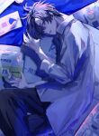  1boy bed bishounen black_pants book cowboy_shot hair_over_one_eye highres looking_at_viewer lying male_focus original pants shirt short_hair solo taiyakitarou white_shirt 