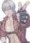  1boy belt_bra bishounen black_gloves blue_eyes coat dante_(devil_may_cry) devil_may_cry_(series) devil_may_cry_3 fingerless_gloves gloves highres jacket long_hair looking_at_viewer pale_skin rebellion_(sword) red_coat sword talgi weapon white_hair 