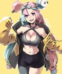  1girl :d black_shorts blue_hair bow-shaped_hair breasts character_hair_ornament cleavage criss-cross_halter cropped_shirt english_commentary grey_pantyhose grey_shirt hair_ornament halterneck hexagon_print highres iono_(pokemon) jacket long_hair low-tied_long_hair low_twintails medium_breasts midriff missfaves multicolored_hair navel open_clothes open_jacket open_mouth oversized_clothes pantyhose pink_eyes pink_hair pokemon pokemon_(game) pokemon_sv sharp_teeth shirt short_shorts shorts single_leg_pantyhose sleeveless sleeveless_shirt sleeves_past_fingers sleeves_past_wrists smile solo teeth twintails two-tone_hair very_long_hair yellow_background yellow_jacket 