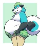  2023 anthro belly big_belly big_butt black_body black_fur blue_body blue_fur blush bodily_fluids body_hair bottomwear bottomwear_pull bulge butt canid canine canis clothed clothing clothing_pull curled_tail domestic_dog eyewear fox fur geometric_background glasses green_body green_fur green_hair hair hi_res husky hybrid looking_down male mammal meme nordic_sled_dog overweight overweight_male pants pants_pull simple_background solo spitz stomach_hair sweat sweatdrop tail tanio tanio_(character) tight_clothing tight_pants_(meme) topless underwear white_body white_fur 