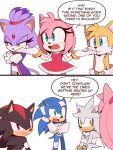  2girls 4boys absurdres amy_rose blaze_the_cat blue_eyes bracelet dress green_eyes highres injury jewelry multiple_boys multiple_girls pink_eyes red_dress red_eyes shadow_the_hedgehog silver_the_hedgehog sonic_(series) sonic_the_hedgehog speech_bubble tails_(sonic) toonsite white_background 