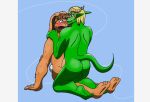  2023 anthro assassinfenrir backsack balls blonde_hair blue_eyes blush brown_body brown_fur brown_hair buckteeth butt digital_media_(artwork) dragon duo eye_contact fur genitals green_body hair hi_res horn horned_humanoid humanoid lagomorph leporid looking_at_another male male/male mammal nervous nude nude_male rabbit scalie shaded simple_background straddling teeth wingless_dragon yellow_eyes 
