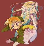  1boy 1girl artist_name blue_eyes commentary dress gloves green_shirt hat highres link looking_at_viewer pink_dress pointy_ears princess_zelda shirt short_hair simple_background smile the_legend_of_zelda the_legend_of_zelda:_spirit_tracks the_legend_of_zelda:_the_wind_waker tokuura toon_link toon_zelda tunic white_gloves 