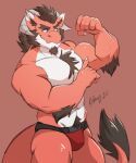  anthro biceps body_hair bulge chest_tuft claws clothed clothing dragon facial_hair fingers flexing flexing_bicep fur furred_dragon hair horn lofnirv male mammal muscular muscular_anthro muscular_male scalie simple_background smile solo tail teeth topless tuft underwear underwear_only 