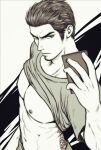  1boy abs bara bare_pectorals clothes_lift cowboy_shot facial_hair from_above frown goatee hair_slicked_back highres holding holding_phone kamatantantan kiryu_kazuma large_pectorals long_sideburns looking_at_viewer male_focus mature_male monochrome muscular muscular_male navel nipples pectorals phone ryuu_ga_gotoku_(series) ryuu_ga_gotoku_1 sanpaku selfie shirt shirt_lift short_hair sideburns solo thick_eyebrows upper_body 