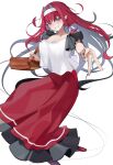  1girl absurdres alternate_costume bag baobhan_sith_(fate) breasts cleavage fate/grand_order fate_(series) grey_eyes grin hair_intakes hairband highres large_breasts long_hair long_skirt looking_at_viewer outstretched_arm pink_hair pointy_ears red_skirt san_(harutuki_3) shirt shoulder_bag sidelocks skirt smile solo v white_shirt 