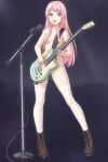  1girl :d bang_dream! bang_dream!_it&#039;s_mygo!!!!! blue_eyes boots brown_footwear chihaya_anon collarbone commentary_request da_akana_xiv full_body hair_over_eyes highres holding holding_instrument instrument long_hair looking_at_viewer microphone microphone_stand music nude open_mouth pink_hair playing_instrument smile solo standing teeth thighhighs thighs upper_teeth_only white_thighhighs 