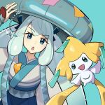  1girl :o blue_skirt blush commentary_request enuenu_385 eyelashes glint green_background green_eyes hand_on_headwear hand_up hat hatsune_miku japanese_clothes jirachi kimono large_hat leaning_to_the_side long_hair looking_at_viewer open_mouth pokemon pokemon_(creature) project_voltage simple_background skirt steel_miku_(project_voltage) vocaloid 