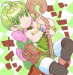  1girl ahoge argyle argyle_background bare_shoulders belt black_pantyhose brown_belt brown_footwear character_name closed_mouth fold-over_boots green_eyes green_hair holding holding_staff long_hair multi-tied_hair pantyhose pantyhose_under_shorts saga saga_frontier_2 shorts sicky_(pit-bull) smile solo staff virginia_knights 