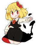  1girl :q ascot black_skirt black_vest blonde_hair blush closed_mouth collared_shirt cowboy_shot cropped_legs hair_ribbon ini_(inunabe00) long_sleeves red_ascot red_eyes red_ribbon ribbon rumia shirt short_hair simple_background skirt solo tongue tongue_out touhou vest white_background white_shirt 