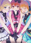  3girls :d ^_^ akua amamiya_rizumu artist_name bare_shoulders belt black_bow black_gloves black_shirt blonde_hair blue_eyes blush bow breasts closed_eyes closed_mouth collarbone copyright_name cover cover_page english_text facing_another frilled_skirt frills gloves hair_bow hairband harune_aira headphones headset holding_hands idol idol_clothes layered_skirt long_hair looking_at_another looking_at_viewer matching_outfit microphone miniskirt multiple_girls open_mouth orange_hair pink_bow pink_skirt ponytail pretty_(series) pretty_rhythm pretty_rhythm_aurora_dream red_eyes red_hair shirt short_hair short_shorts shorts side_ponytail skirt sleeveless sleeveless_shirt smile standing star_(symbol) takamine_mion white_gloves white_skirt 