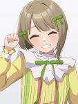  1girl absurdres blush commentary_request green_ribbon grin hair_ribbon hand_up highres light_brown_hair long_sleeves love_live! love_live!_nijigasaki_high_school_idol_club mutekikyuu_believer nakasu_kasumi ribbon samesuke_(315samesuke) short_hair simple_background smile solo teeth white_background 