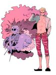  2boys aged_down artist_request blonde_hair brothers cape capri_pants cigarette coat donquixote_doflamingo donquixote_rocinante hair_over_eyes hand_in_pocket highres leg_hair makeup male_focus multiple_boys muscular muscular_male one_piece open_clothes orange-tinted_eyewear pants pink_coat shirt short_hair siblings smoke standing sunglasses third-party_source tinted_eyewear white-framed_eyewear white_background white_shirt 