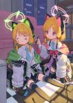  2girls absurdres animal_ear_headphones animal_ears aqua_bow aqua_necktie black_skirt black_thighhighs blonde_hair blue_archive blush bow cat_tail collared_shirt cro_(user_znms5733) fake_animal_ears green_halo hair_bow halo handheld_game_console headphones highres holding holding_pen jacket long_sleeves midori_(blue_archive) momoi_(blue_archive) multiple_girls necktie nintendo_switch parted_lips pen pink_halo pleated_skirt red_bow red_eyes shirt short_hair siblings sisters skirt tail thighhighs twins white_jacket white_shirt wide_sleeves 