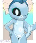  anthro black_sclera eeveelution female fin generation_1_pokemon genitals hand_on_hip hi_res holding_tail humanoid izzipurrito looking_at_viewer navel nintendo nude one_eye_closed pokemon pokemon_(species) pussy simple_background solo standing tagme tail vaporeon wink winking_at_viewer young 