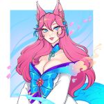  1girl ahri_(league_of_legends) animal_ears artist_name bell bow breasts cleavage collarbone facial_mark fox_ears fox_tail green_background green_bow green_ribbon hair_bell hair_ornament hair_ribbon highres ibkio_chan japanese_clothes kimono large_breasts league_of_legends long_hair petals pink_hair pink_lips purple_bow ribbon smile solo spirit_blossom_(league_of_legends) spirit_blossom_ahri striped striped_bow tail teeth white_background 
