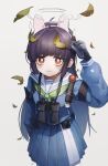  1girl absurdres ahoge animal_ears binoculars black_gloves black_hair blue_archive blue_skirt blush closed_mouth fake_animal_ears gloves green_neckerchief grey_halo halo highres kareido_(kaleidoscope) leaf leaf_on_head long_hair long_sleeves miyu_(blue_archive) neckerchief pleated_skirt rabbit_ears red_eyes sailor_collar simple_background skirt solo white_background white_sailor_collar 