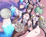  3girls alternate_costume animal_ears bare_shoulders black_hair bow_choker breasts brighid_(xenoblade) cleavage closed_eyes covered_navel fake_animal_ears fishnet_pantyhose fishnets glasses gloves green_eyes green_hair hair_between_eyes highres holding holding_tray juneplums large_breasts leotard long_bangs long_hair looking_at_viewer morag_ladair_(xenoblade) multiple_girls pandoria_(xenoblade) pantyhose playboy_bunny pointy_ears purple_hair rabbit_ears red_eyes round_eyewear short_hair small_breasts smile sweatdrop thighs tray very_long_hair xenoblade_chronicles_(series) xenoblade_chronicles_2 