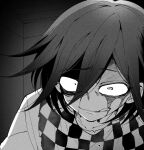  1boy :q blood blood_on_face checkered_clothes checkered_scarf collarbone crazy danganronpa_(series) danganronpa_v3:_killing_harmony greyscale hair_between_eyes looking_at_viewer male_focus monochrome oma_kokichi portrait scarf shachoo_(poco_poco) solo tongue tongue_out 