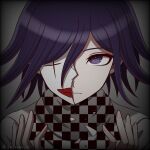  1boy artist_name black_border border broken_mask checkered_clothes checkered_scarf danganronpa_(series) danganronpa_v3:_killing_harmony gradient_background grey_background grey_jacket hair_between_eyes hands_up highres jacket long_sleeves male_focus mask ouma_kokichi pink_hair purple_eyes purple_hair scarf short_hair solo suiren_yurei 