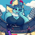  1:1 absurd_res anthro big_breasts breasts clothed clothing digital_media_(artwork) dynamax eeveelution english_text female generation_1_pokemon group hi_res macro male mammal micro nagifur nintendo open_mouth pokemon pokemon_(species) size_difference smaller_male swimwear text topwear trio vaporeon 