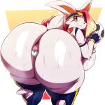  accessory anthro ball bent_over bianca_(shootysyvleon) big_breasts big_butt bodily_fluids breasts butt cinderace clothing female fingerless_gloves generation_8_pokemon gloves hair handwear headband hi_res holding_soccer_ball huge_breasts huge_butt hyper hyper_butt legwear looking_back multicolored_hair nintendo object_between_cheeks orange_eyes pokeball pokemon pokemon_(species) shirt smile soccer_ball solo sweat sweaty_breasts sweaty_butt thick_thighs thigh_highs topwear trinity-fate62 two_tone_hair wide_hips 