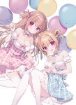  2girls :d balloon bare_shoulders blue_bow blue_skirt blush bow breasts brown_hair cleavage closed_mouth commentary_request detached_sleeves double_bun feet_out_of_frame frilled_shirt frilled_sleeves frills hair_between_eyes hair_bow hair_bun highres holding holding_balloon knees_together_feet_apart knees_up long_hair medium_breasts miyasaka_miyu multiple_girls original pink_bow pink_skirt puffy_short_sleeves puffy_sleeves purple_eyes shirt short_sleeves simple_background skirt small_breasts smile strapless strapless_shirt thighhighs two_side_up very_long_hair white_background white_shirt white_sleeves white_thighhighs 