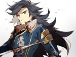  1boy blood blood_on_clothes blood_on_face blood_on_weapon blue_jacket bravely_default_(series) bravely_second:_end_layer collared_jacket commentary grey_eyes holding holding_weapon jacket janne_angard kaemonn long_hair long_sleeves male_focus parted_lips sideburns simple_background solo weapon white_background 