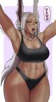  1girl ;o abs animal_ears armpits arms_up artist_name bare_shoulders black_panties black_sports_bra boku_no_hero_academia border breasts cleavage collarbone curvy dark-skinned_female dark_skin english_text gud0c highleg highleg_panties highres large_breasts long_eyelashes long_hair mirko muscular muscular_female navel one_eye_closed open_mouth panties parted_bangs pink_background rabbit_ears rabbit_girl red_eyes skindentation solo speech_bubble sports_bra stomach stretching teeth thick_thighs thighs toned underwear waking_up white_border white_hair yawning 