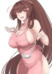  1girl absurdres alternate_costume apron breasts brown_eyes cherry_blossoms collarbone flower hair_between_eyes hair_flower hair_ornament highres holding holding_ladle holding_plate jewelry kantai_collection ken_(shutenndouji1) ladle large_breasts long_hair looking_at_viewer naked_apron open_mouth pink_apron plate ponytail ring round_teeth solo tasting_plate teeth upper_teeth_only very_long_hair wedding_ring yamato_(kancolle) 