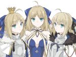  3girls ahoge armor artoria_caster_(fate) artoria_caster_(swimsuit)_(fate) artoria_caster_(third_ascension)_(fate) artoria_pendragon_(fate) black_fur black_ribbon blonde_hair blue_bow blue_ribbon bow breasts cape closed_mouth crown diamond_(shape) fate/grand_order fate_(series) fur_trim green_eyes hair_between_eyes hair_bow highres kino_kokko looking_at_viewer multiple_girls red_hair ribbon small_breasts swimsuit tonelico_(fate) white_background white_cape white_fur white_ribbon 