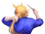  1boy animal_ears arknights arm_behind_back arm_up blonde_hair blue_shirt commentary cutting_hair cutting_own_hair facing_away highres holding holding_knife horse_boy horse_ears houki_(r_botrytis8210) knife long_hair male_focus mlynar_(arknights) mlynar_(wdali)_(arknights) shirt simple_background solo upper_body white_background 