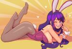  1girl blush breasts feet hair_ornament hoshino_ai_(oshi_no_ko) klimspree large_areolae legs legs_up looking_at_viewer nipple_slip nipples no_shoes open_mouth oshi_no_ko pantyhose playboy_bunny puffy_nipples purple_hair rabbit_hair_ornament rabbit_tail smile soles solo star-shaped_pupils star_(symbol) star_in_eye symbol-shaped_pupils symbol_in_eye tail toes undersized_breast_cup 