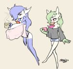  beverage big_breasts blue_body blue_hair bottomwear bread breast_size_difference breasts cleavage clothed clothing coffee duo female food gardevoir generation_3_pokemon green_body green_hair hair huge_breasts humanoid mug multicolored_body nintendo one_eye_obstructed orange_eyes panties phone pink_eyes pokemon pokemon_(species) shirt shorts signature simple_background text toast toast_in_mouth topwear underwear unknown_character white_body zedrin 